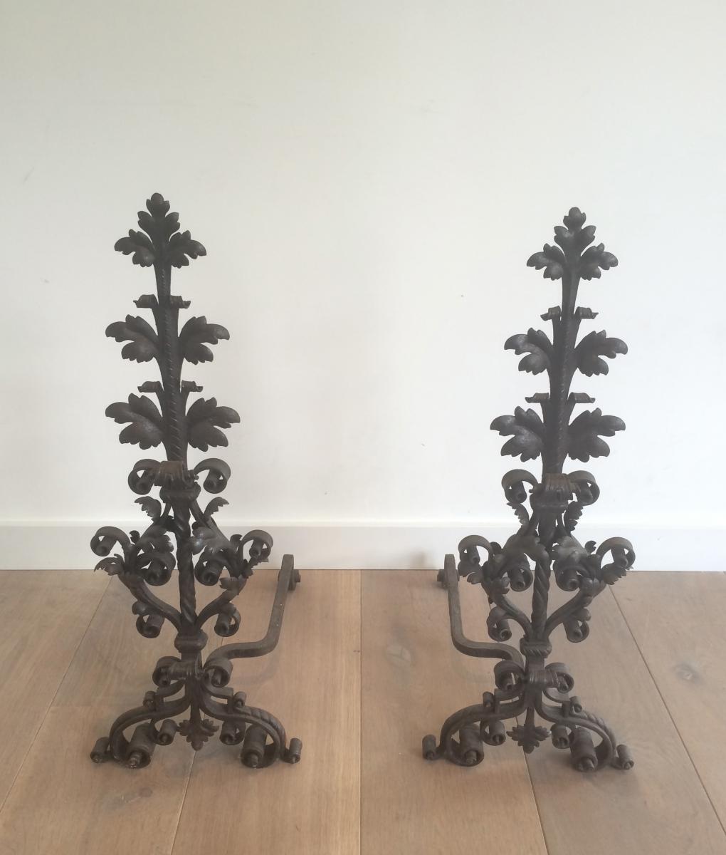 Pair Of Andirons Wrought Iron From Exceptional Quality. Nineteenth Century