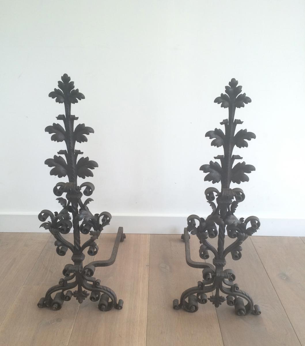 Pair Of Andirons Wrought Iron From Exceptional Quality. Nineteenth Century-photo-3