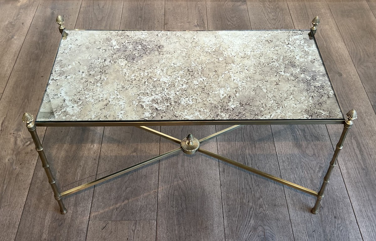 Maison Baguès Coffee Table In Brass And Venere Mirror, Circa 1970-photo-4