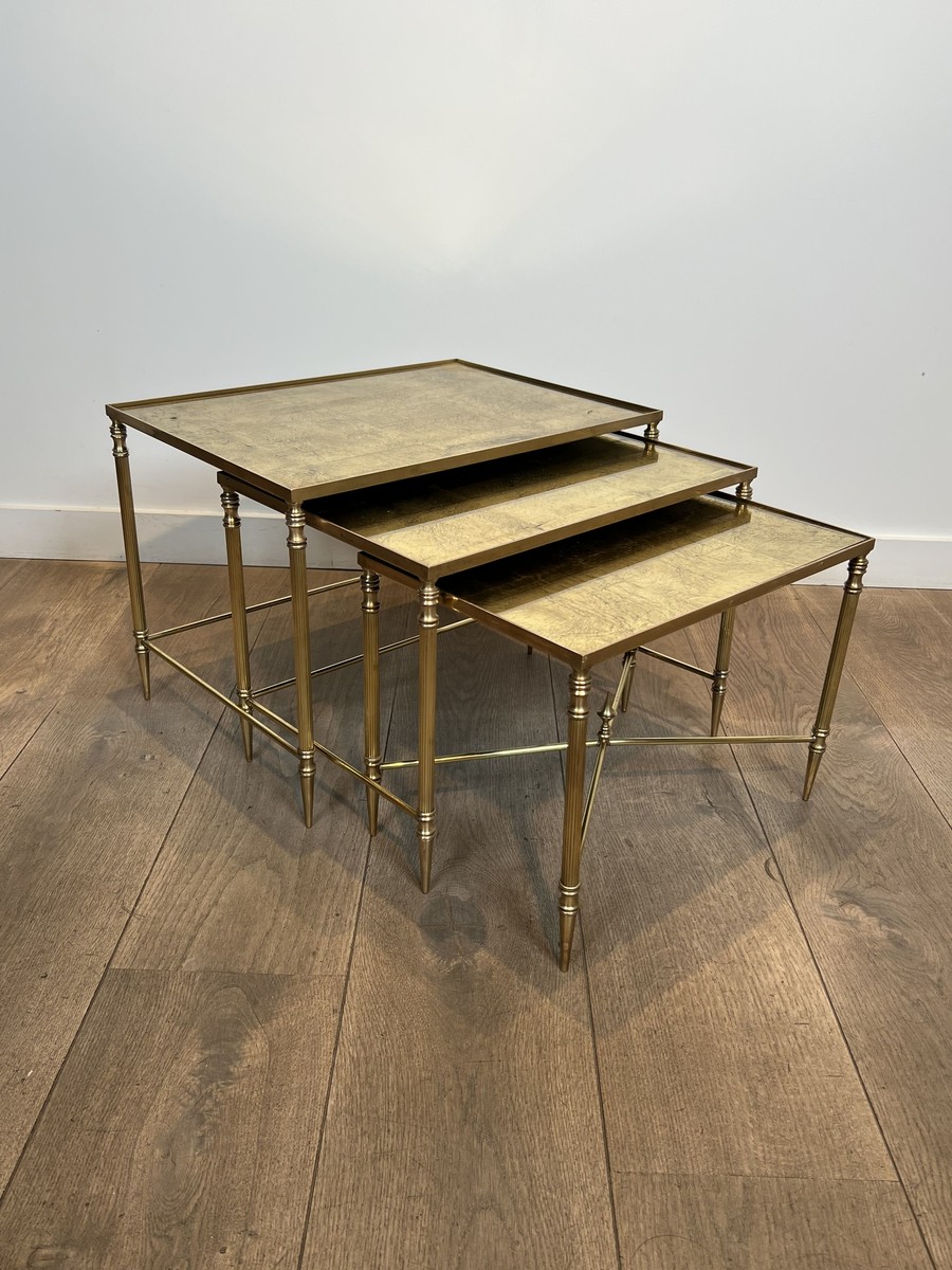Nesting Tables In Black Lacquered Metal And Gilded Tops, Circa 1970-photo-2