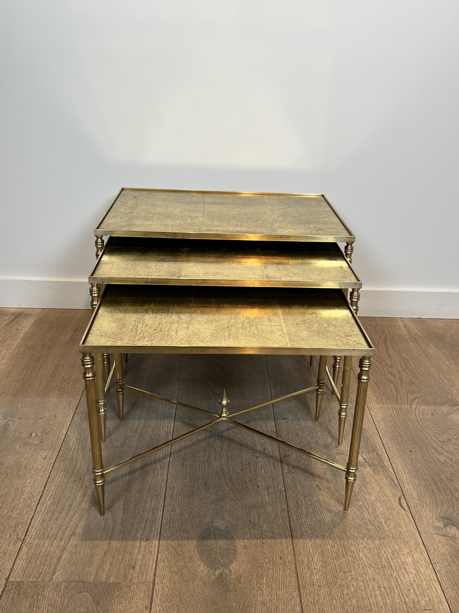 Nesting Tables In Black Lacquered Metal And Gilded Tops, Circa 1970-photo-3