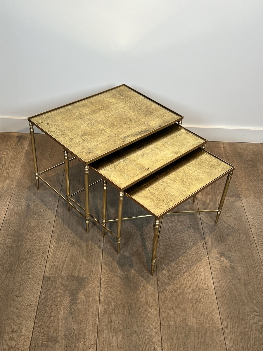 Nesting Tables In Black Lacquered Metal And Gilded Tops, Circa 1970-photo-4