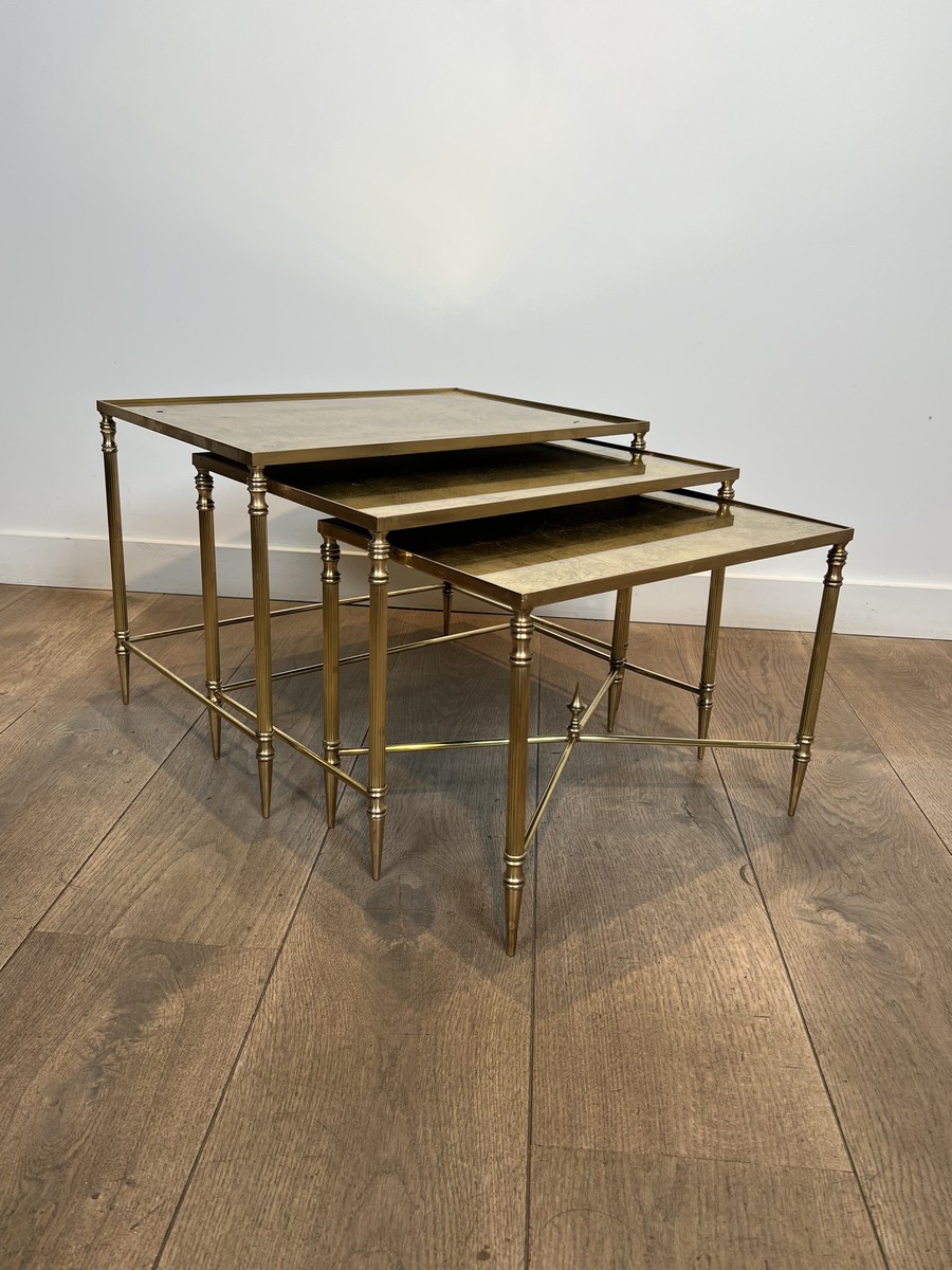 Nesting Tables In Black Lacquered Metal And Gilded Tops, Circa 1970-photo-1