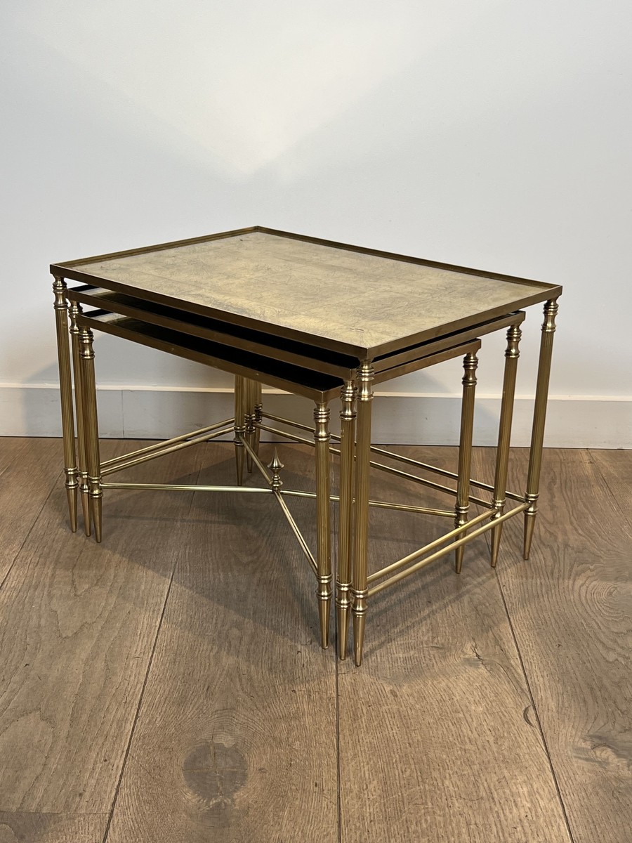 Nesting Tables In Black Lacquered Metal And Gilded Tops, Circa 1970-photo-2
