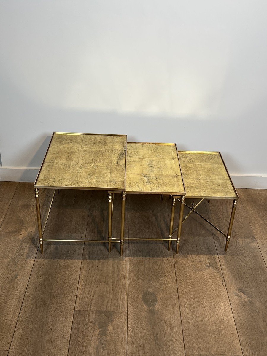 Nesting Tables In Black Lacquered Metal And Gilded Tops, Circa 1970-photo-3