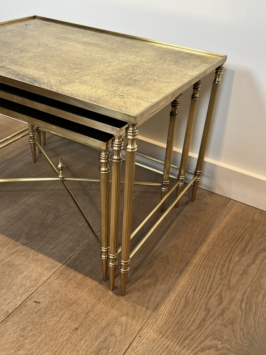 Nesting Tables In Black Lacquered Metal And Gilded Tops, Circa 1970-photo-6