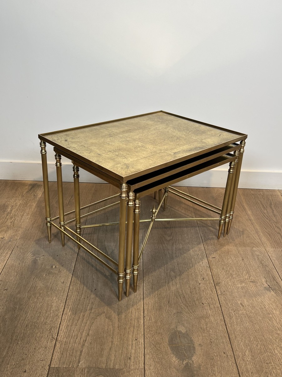 Nesting Tables In Black Lacquered Metal And Gilded Tops, Circa 1970-photo-8