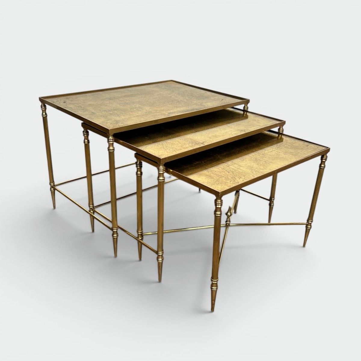 Nesting Tables In Black Lacquered Metal And Gilded Tops, Circa 1970