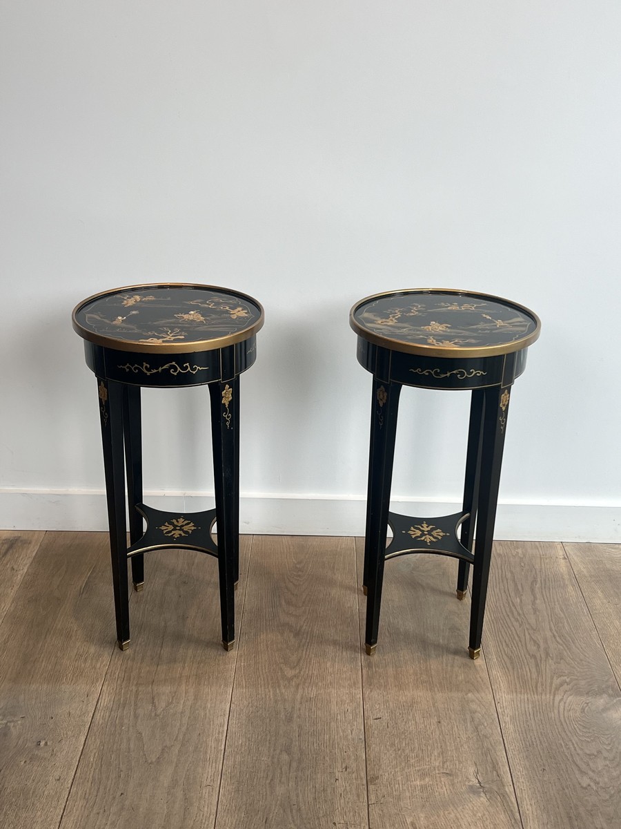 Pair Of Maison Hirsh Black Lacquered Pedestals With Gilded Decor, Circa 1970-photo-2