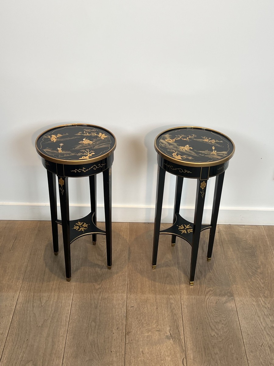 Pair Of Maison Hirsh Black Lacquered Pedestals With Gilded Decor, Circa 1970-photo-3