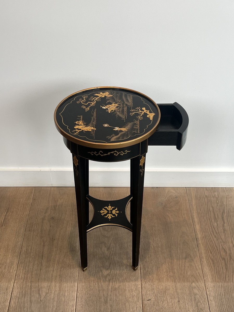 Pair Of Maison Hirsh Black Lacquered Pedestals With Gilded Decor, Circa 1970-photo-4