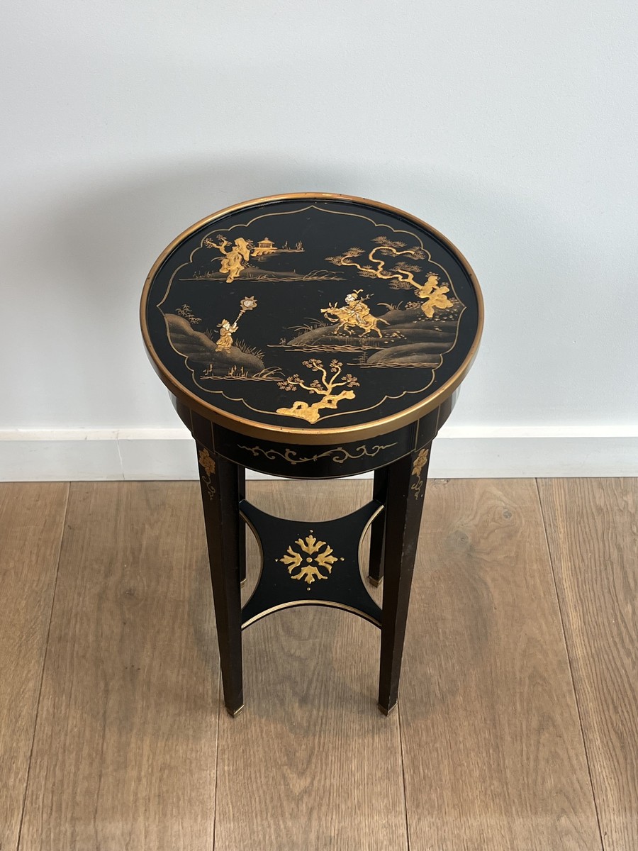 Pair Of Maison Hirsh Black Lacquered Pedestals With Gilded Decor, Circa 1970-photo-5