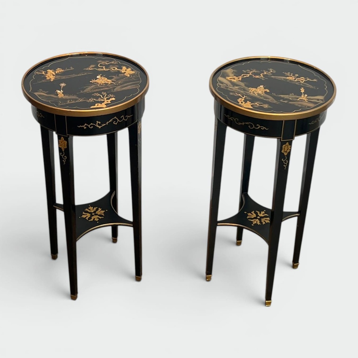 Pair Of Maison Hirsh Black Lacquered Pedestals With Gilded Decor, Circa 1970