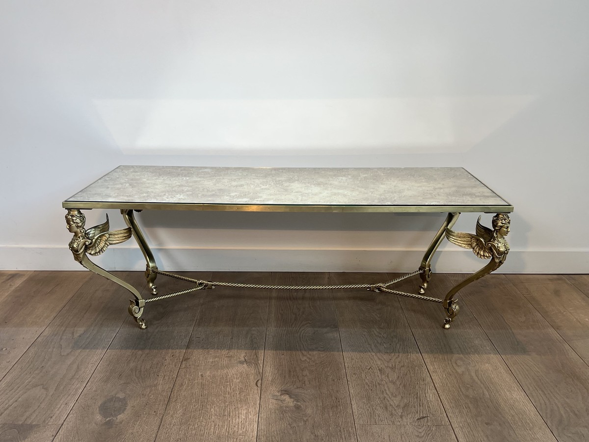 Table Basse aux Sphynges en Bronze et Plateau Miroir Venere, Vers 1970-photo-2