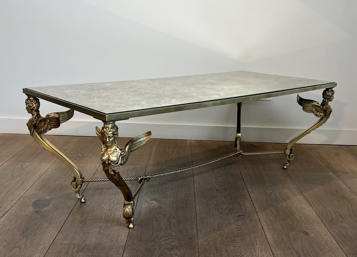 Table Basse aux Sphynges en Bronze et Plateau Miroir Venere, Vers 1970-photo-4