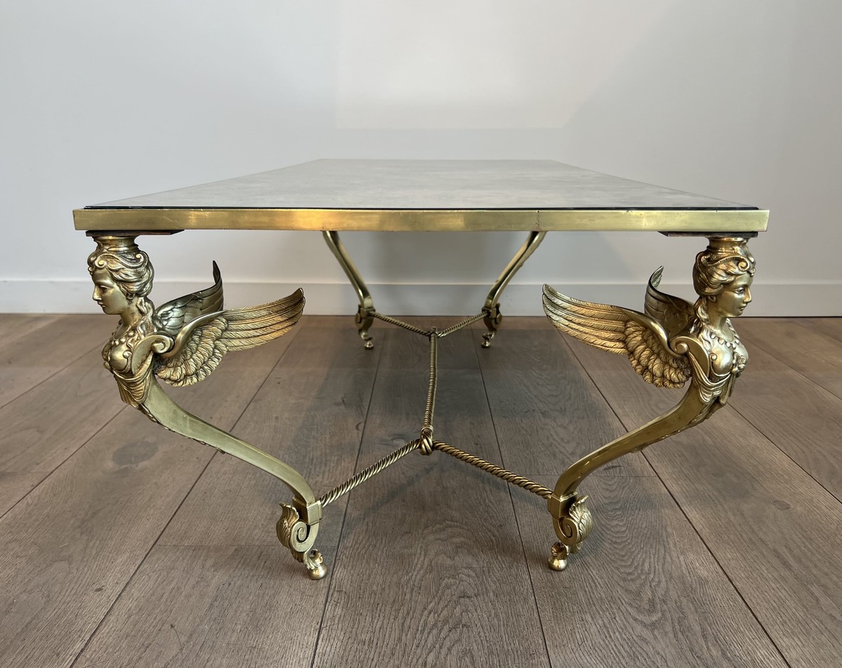 Table Basse aux Sphynges en Bronze et Plateau Miroir Venere, Vers 1970-photo-2