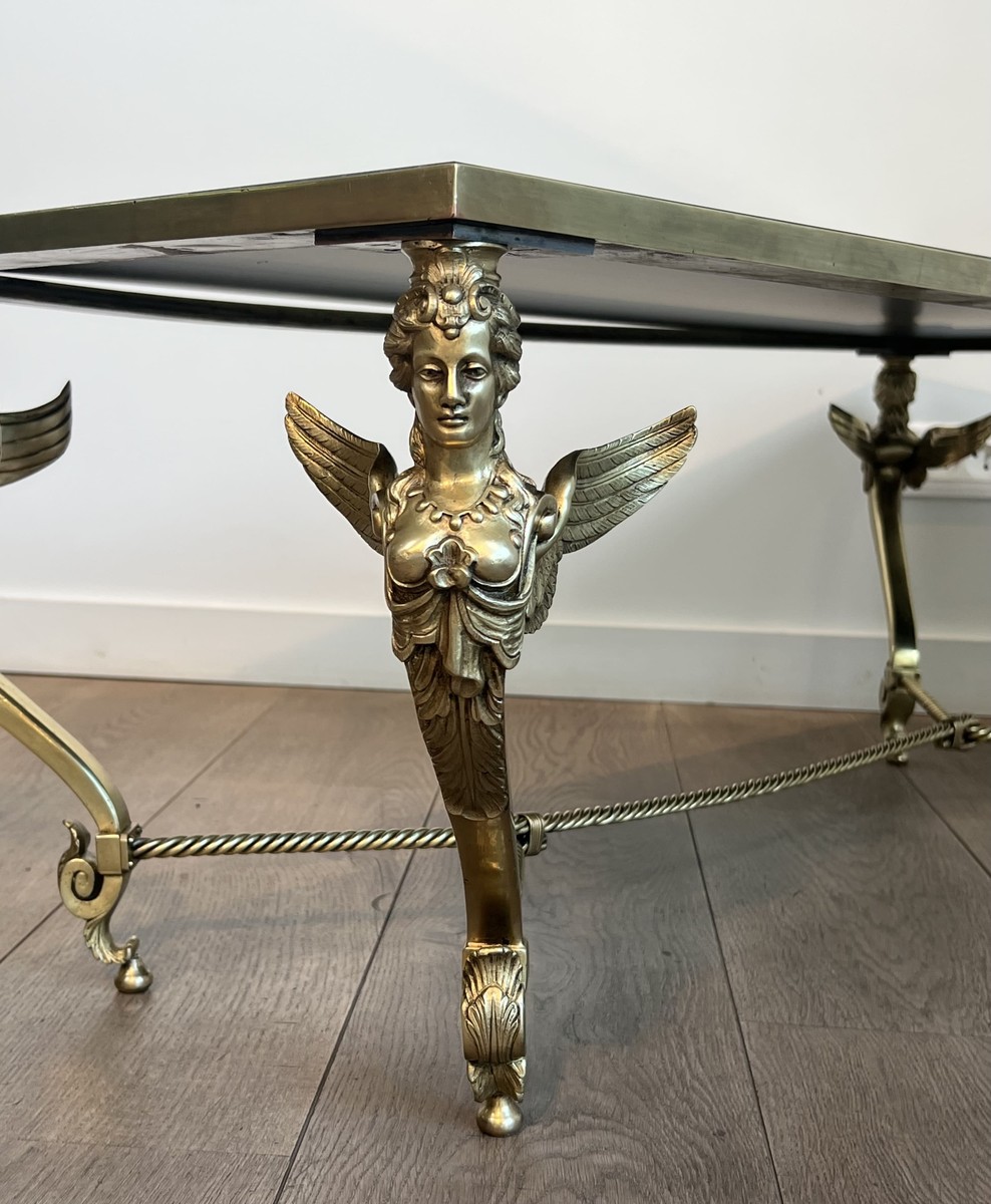 Table Basse aux Sphynges en Bronze et Plateau Miroir Venere, Vers 1970-photo-3