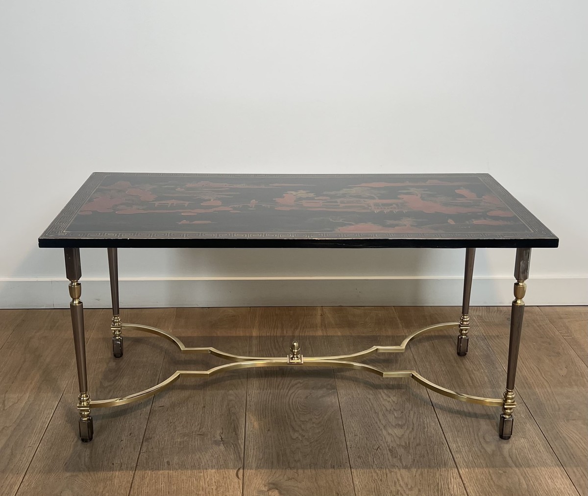 Table Basse Laquée à Décor Chinois sur Piétement en Laiton, Vers 1970-photo-2