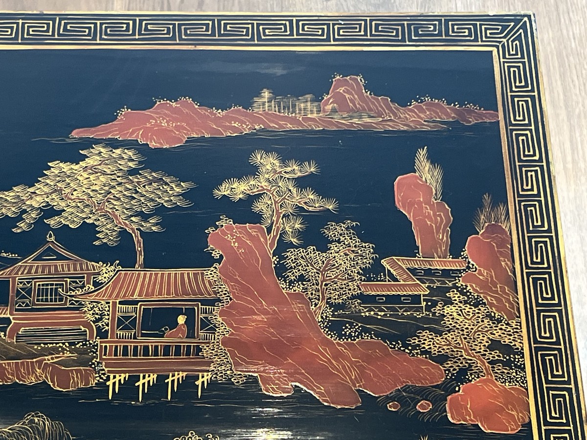 Table Basse Laquée à Décor Chinois sur Piétement en Laiton, Vers 1970-photo-4