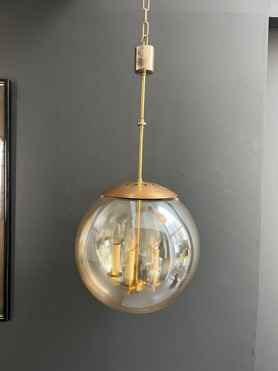 Globe Pendant Light In Smoked Glass And Brass With Four Lights. French Work. Circa 1970.-photo-2