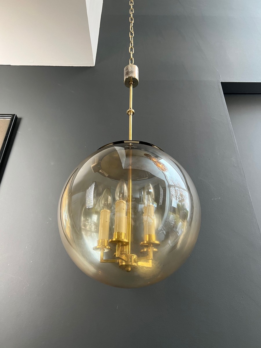 Globe Pendant Light In Smoked Glass And Brass With Four Lights. French Work. Circa 1970.-photo-4