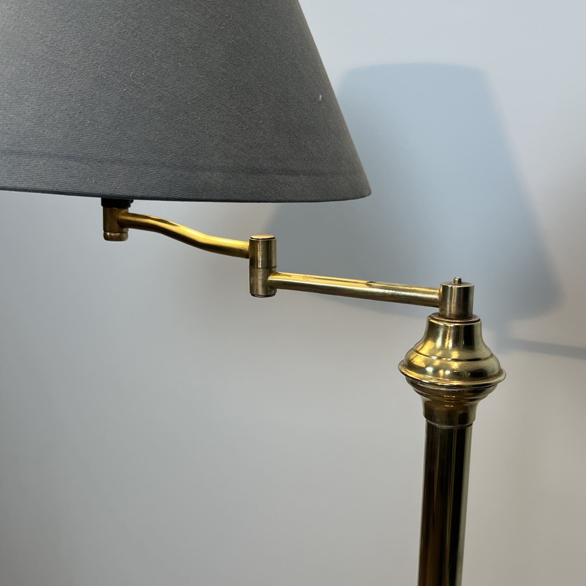 Pair Of Brass Floor Reading Lamps With Articulated Arm And Grey Velvet. French Work In The Mann-photo-3