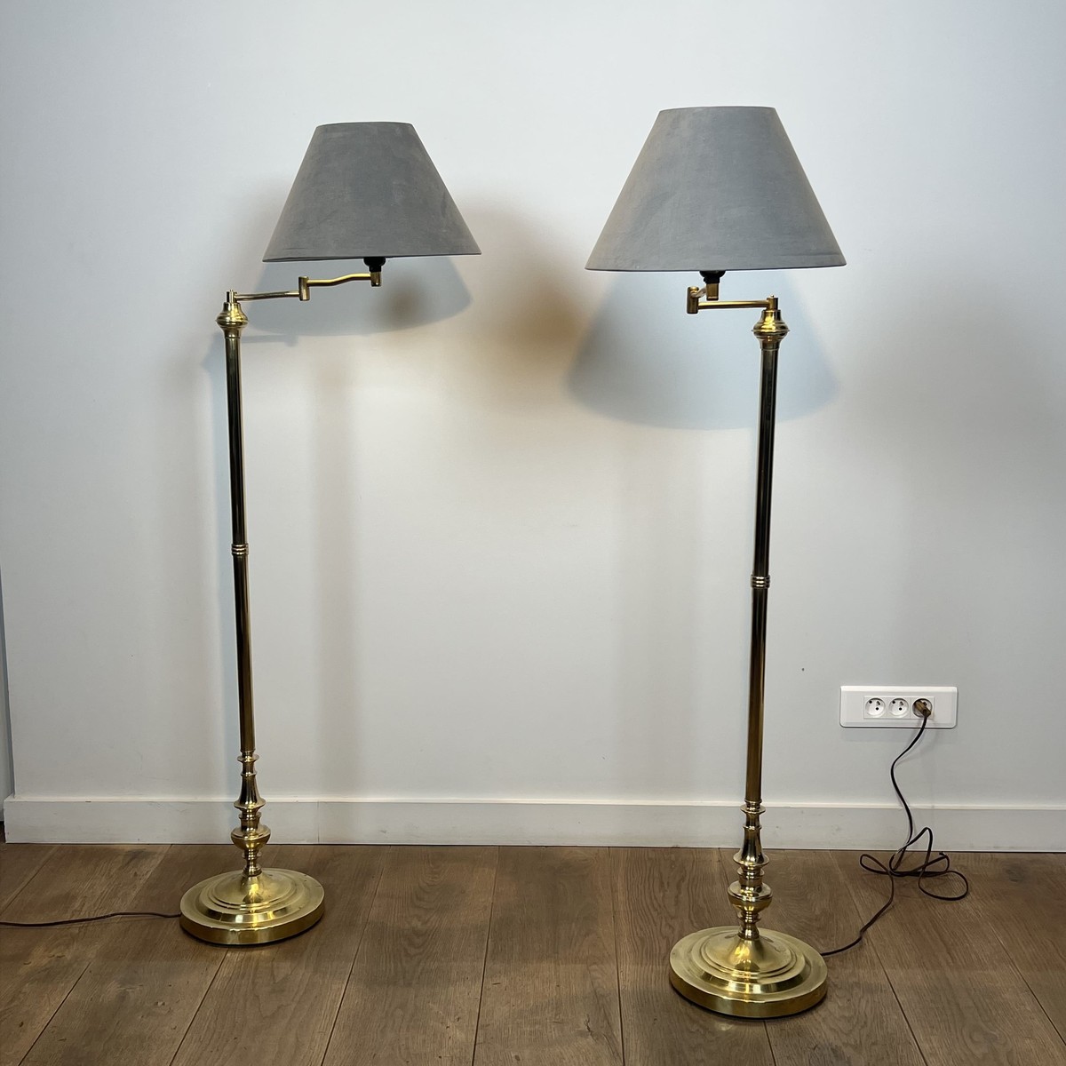 Pair Of Brass Floor Reading Lamps With Articulated Arm And Grey Velvet. French Work In The Mann-photo-8