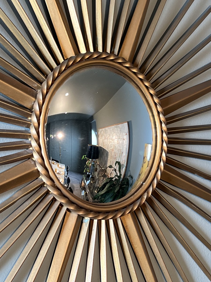 Miroir Soleil en Métal Doré à Miroir Bombé de Chaty Vallauris. Travail Français. Vers 1960.-photo-2