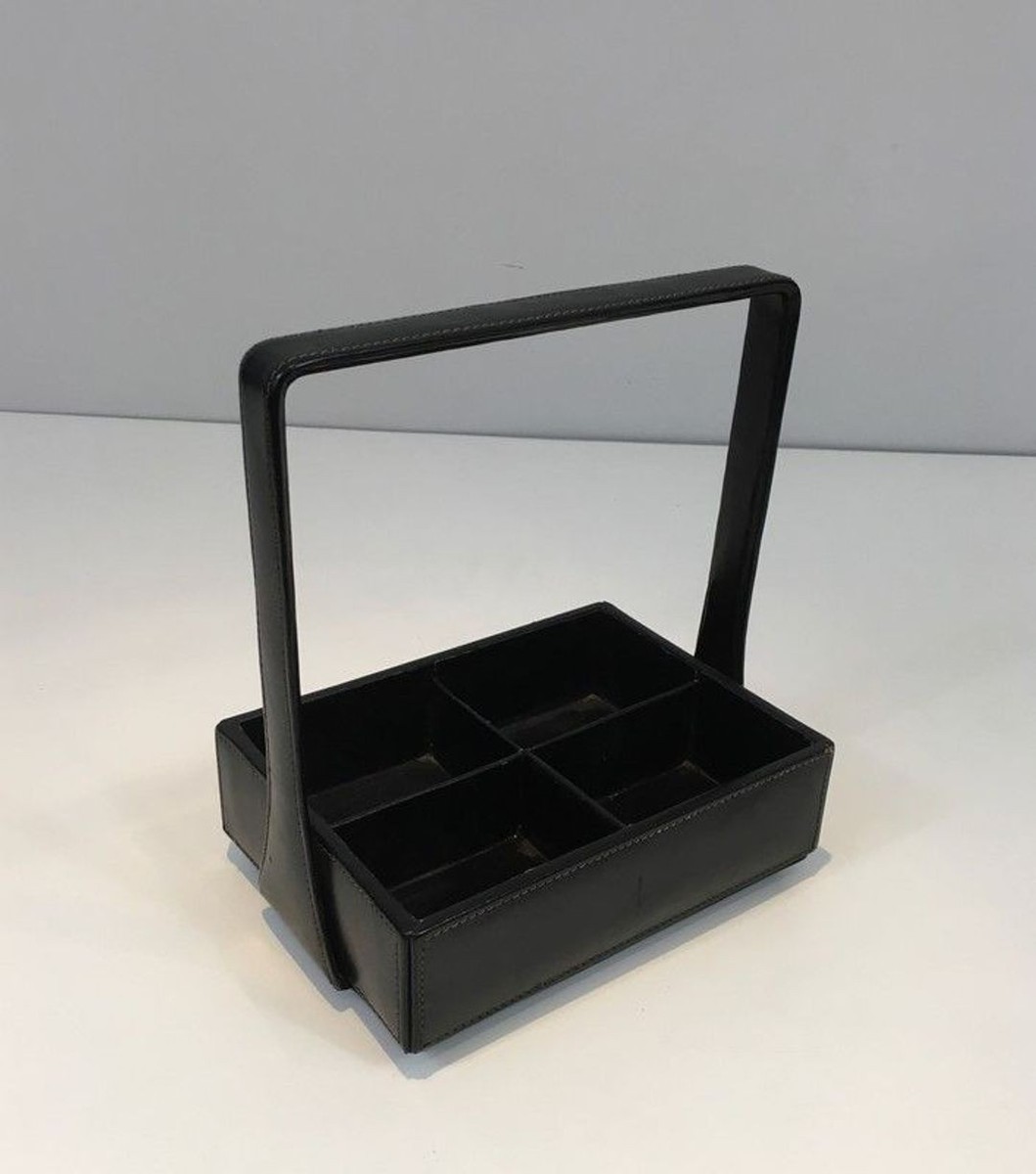 Nécessaire de Bureau Moderniste en Cuir Noir à Anse Cintrée par Jacques Adnet, France vers 1950-photo-2