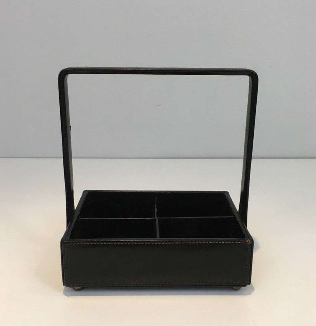 Nécessaire de Bureau Moderniste en Cuir Noir à Anse Cintrée par Jacques Adnet, France vers 1950-photo-4