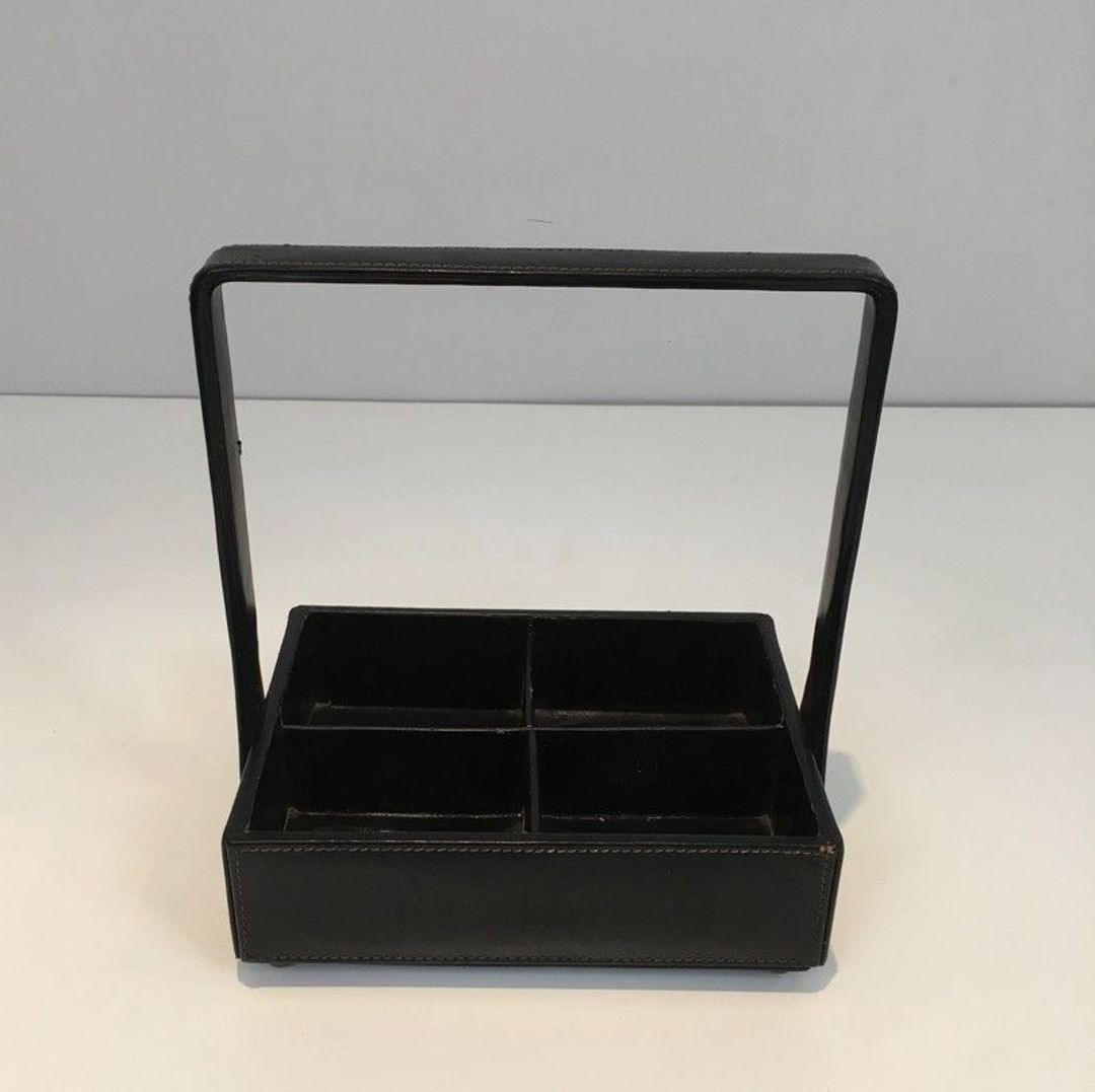Nécessaire de Bureau Moderniste en Cuir Noir à Anse Cintrée par Jacques Adnet, France vers 1950-photo-1