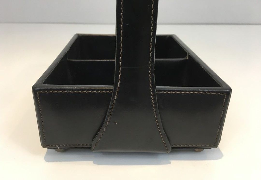 Nécessaire de Bureau Moderniste en Cuir Noir à Anse Cintrée par Jacques Adnet, France vers 1950-photo-4