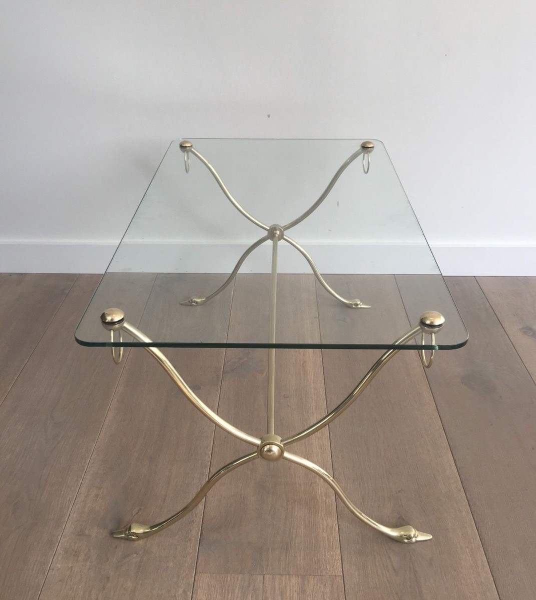 Swan-neck Coffee Table In Brass With Glass Top, Maison Jansen, Circa 1940-photo-4
