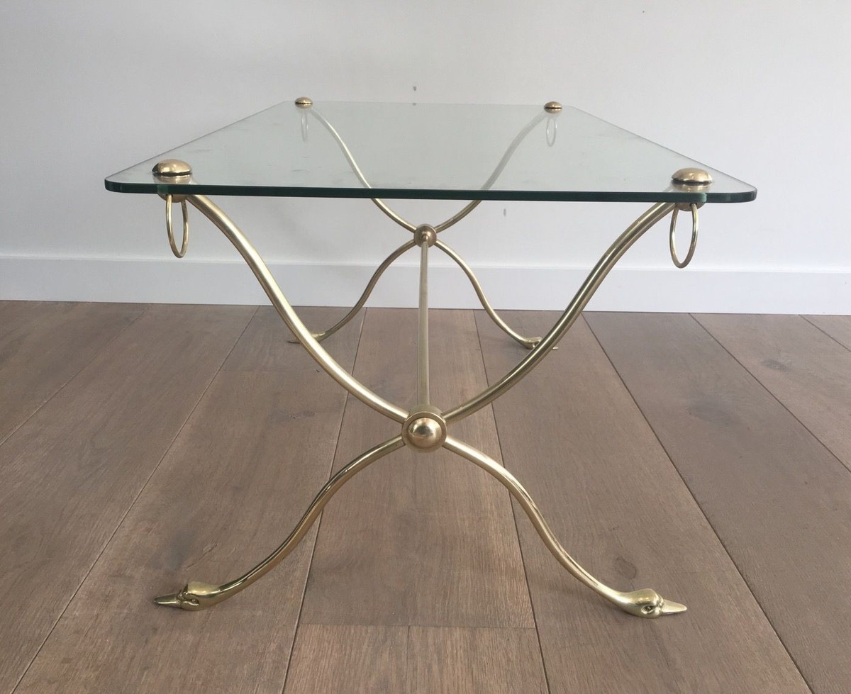 Swan-neck Coffee Table In Brass With Glass Top, Maison Jansen, Circa 1940-photo-1