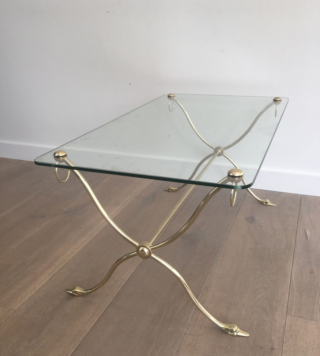 Swan-neck Coffee Table In Brass With Glass Top, Maison Jansen, Circa 1940-photo-2