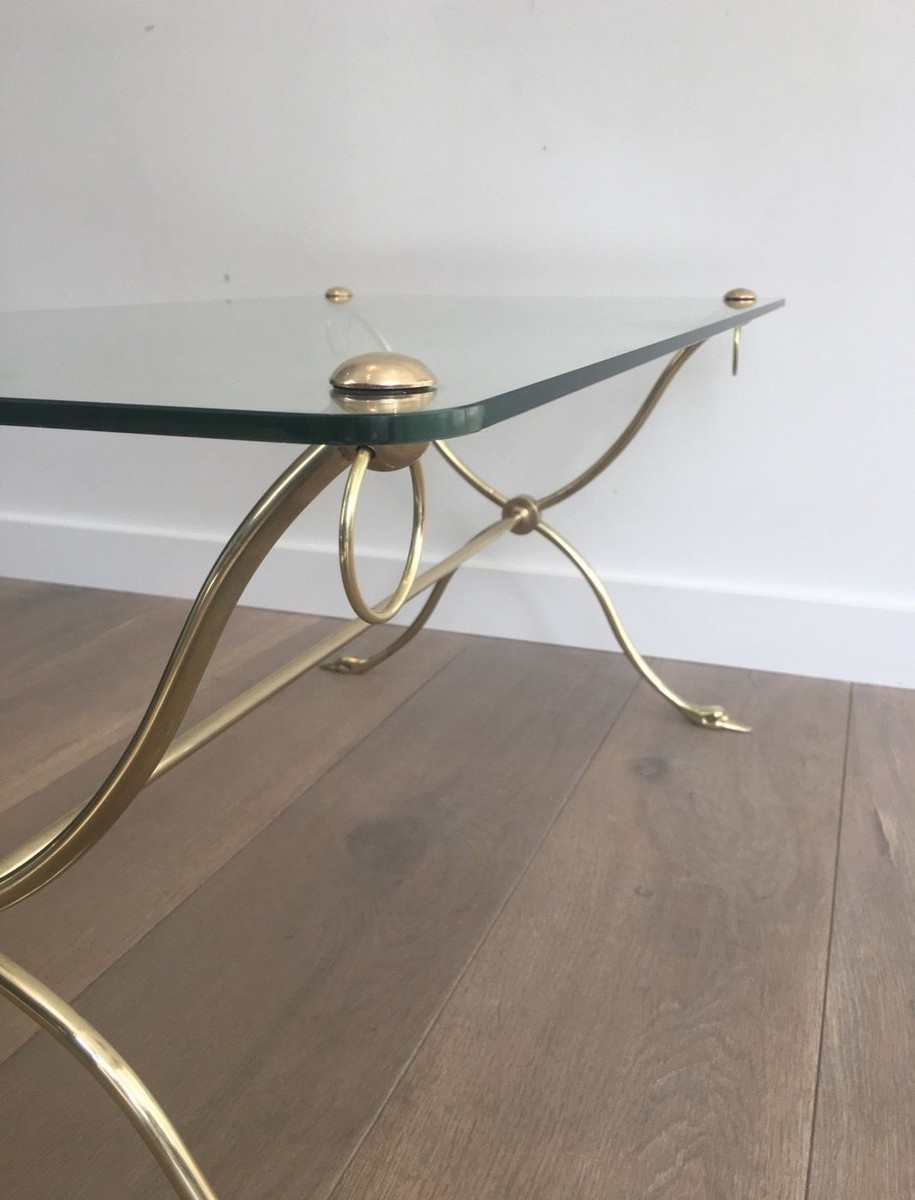 Swan-neck Coffee Table In Brass With Glass Top, Maison Jansen, Circa 1940-photo-3