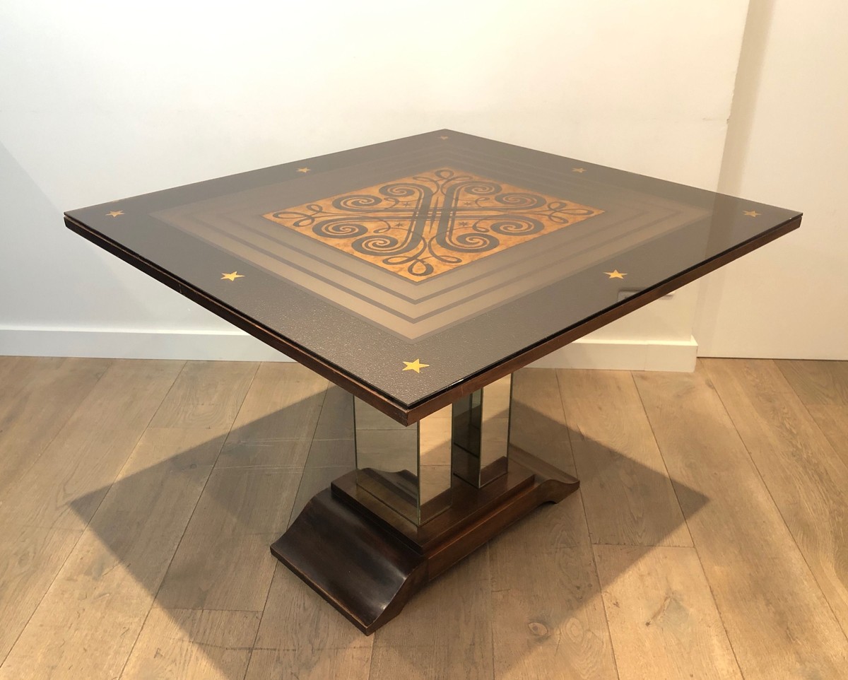 Table de Milieu Art Déco à Plateau de Miroir Eglomisé dans le Goût de Jules Leleu et Max Ingran-photo-3