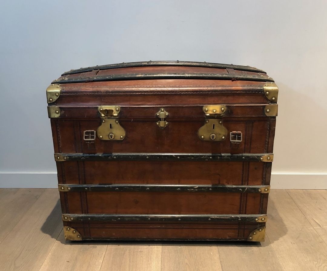 Domed Travel Trunk In Leather, Wood And Brass, French, Circa 1900-photo-2