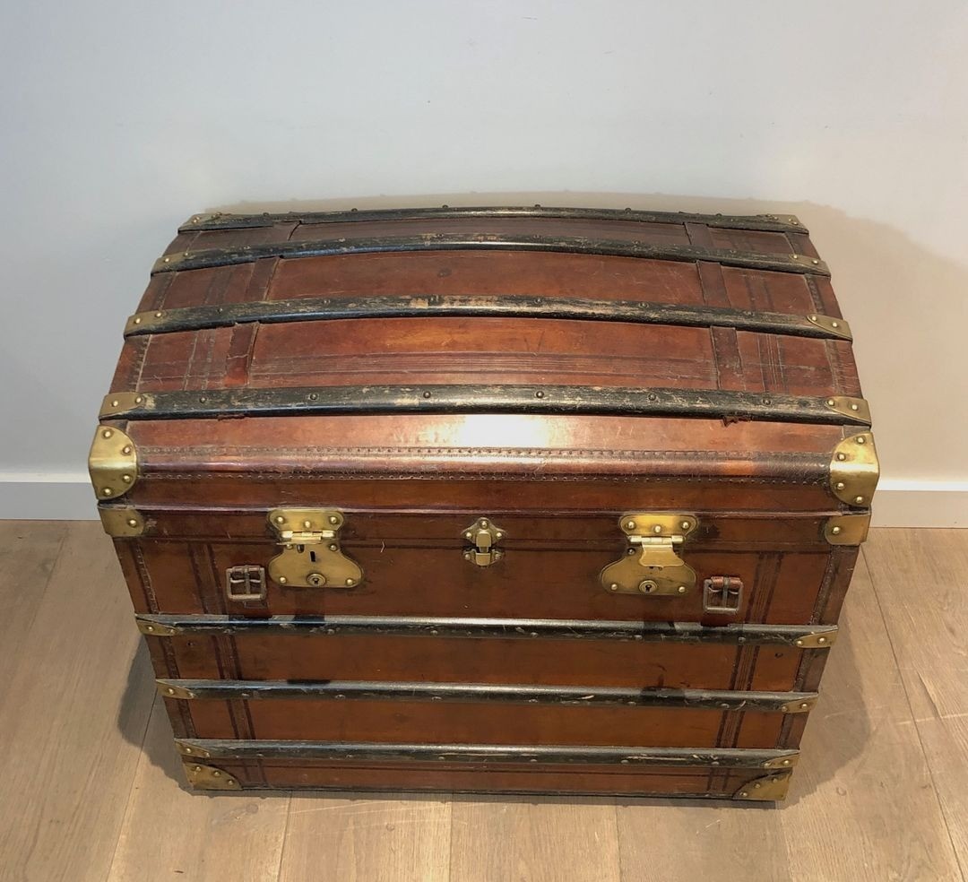 Domed Travel Trunk In Leather, Wood And Brass, French, Circa 1900-photo-3