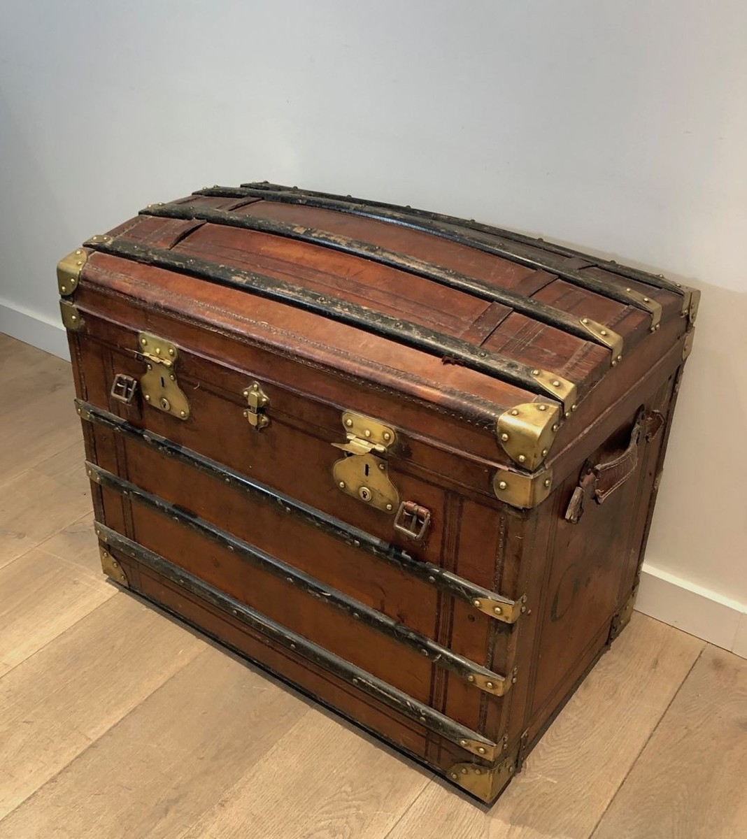 Domed Travel Trunk In Leather, Wood And Brass, French, Circa 1900-photo-4