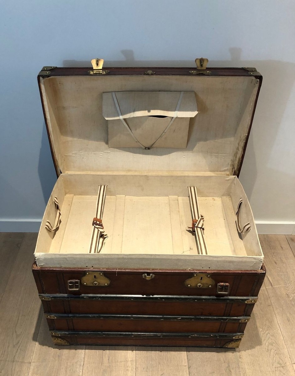 Domed Travel Trunk In Leather, Wood And Brass, French, Circa 1900-photo-1