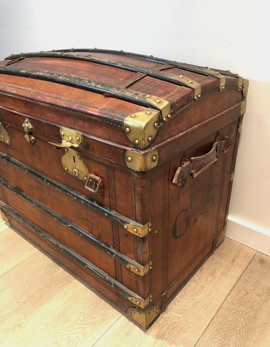 Domed Travel Trunk In Leather, Wood And Brass, French, Circa 1900-photo-3