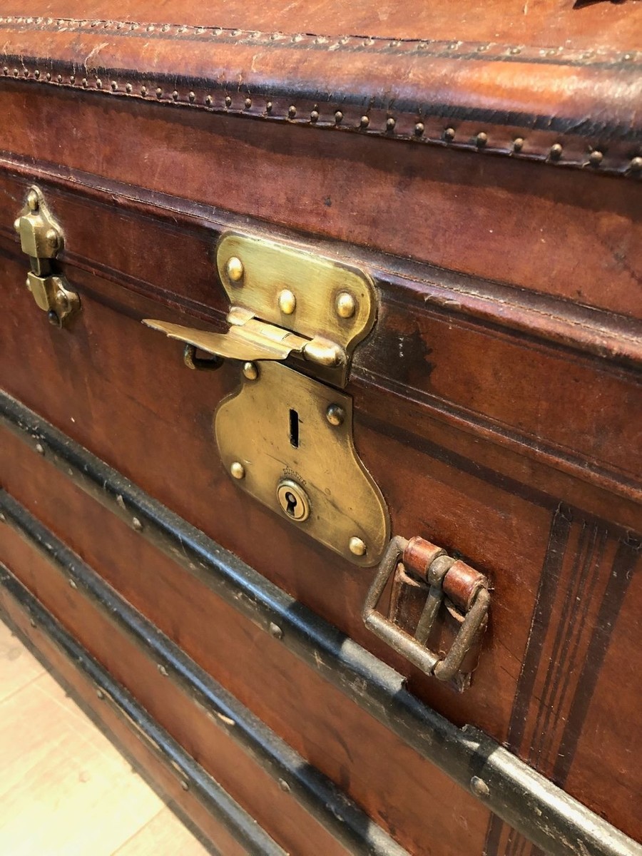 Domed Travel Trunk In Leather, Wood And Brass, French, Circa 1900-photo-4