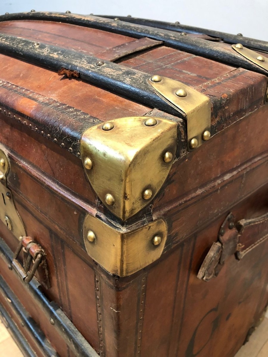 Domed Travel Trunk In Leather, Wood And Brass, French, Circa 1900-photo-5