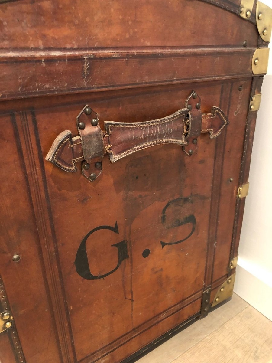 Domed Travel Trunk In Leather, Wood And Brass, French, Circa 1900-photo-7