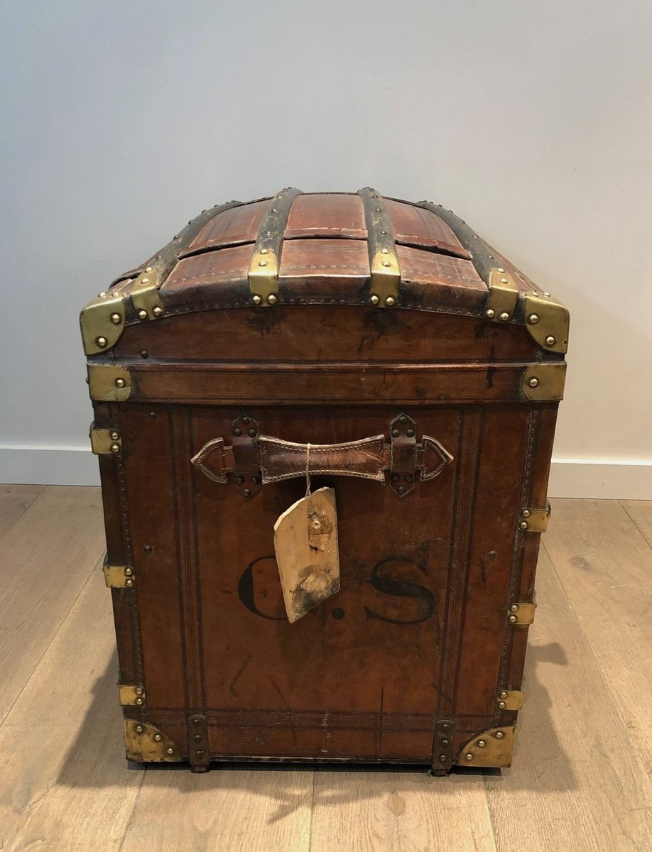 Domed Travel Trunk In Leather, Wood And Brass, French, Circa 1900-photo-8