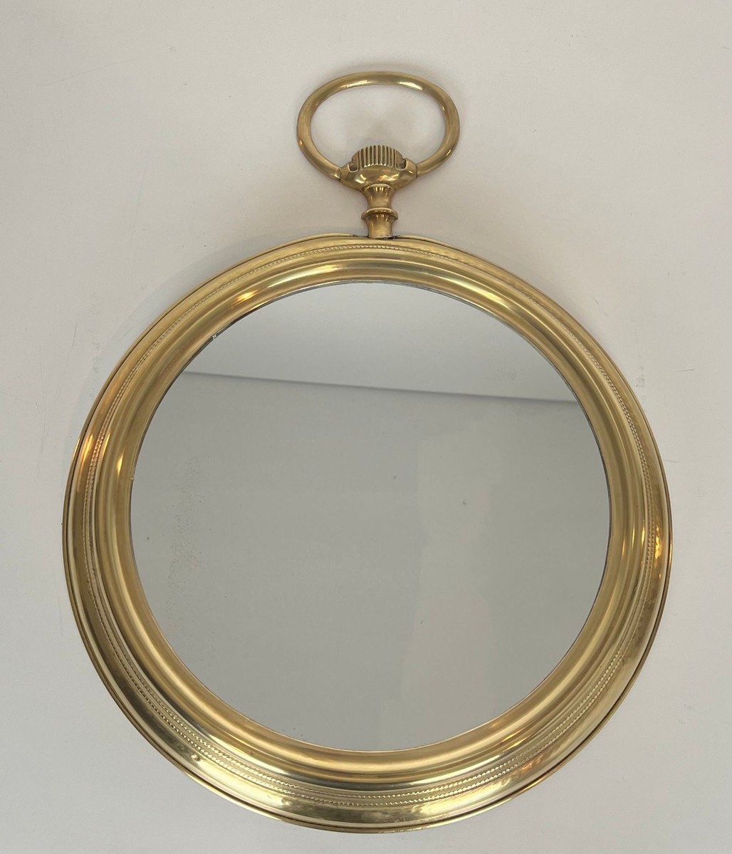 Grand Miroir en Laiton Représentant une Montre Gousset, Travail Français, Vers 1970-photo-2