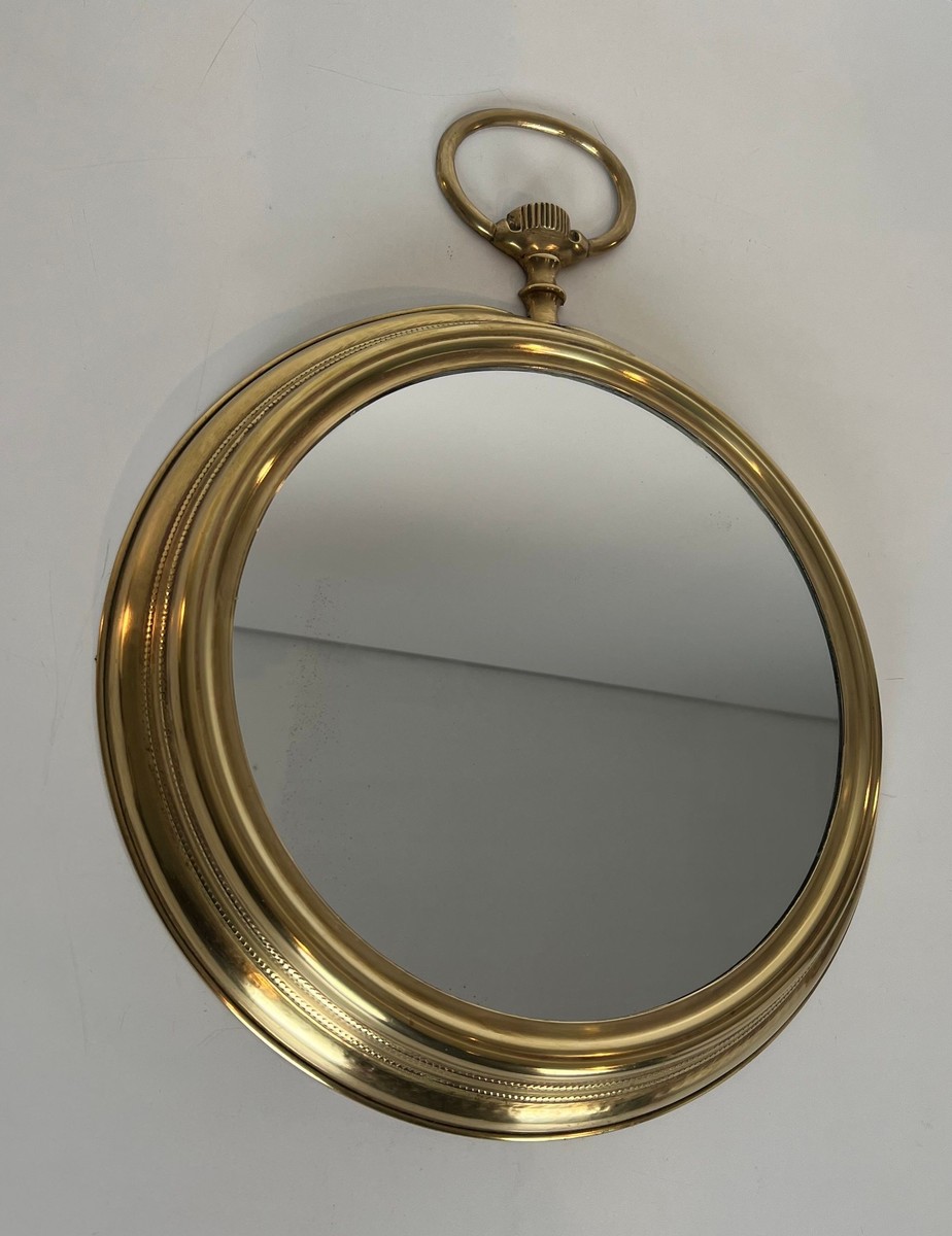 Grand Miroir en Laiton Représentant une Montre Gousset, Travail Français, Vers 1970-photo-3