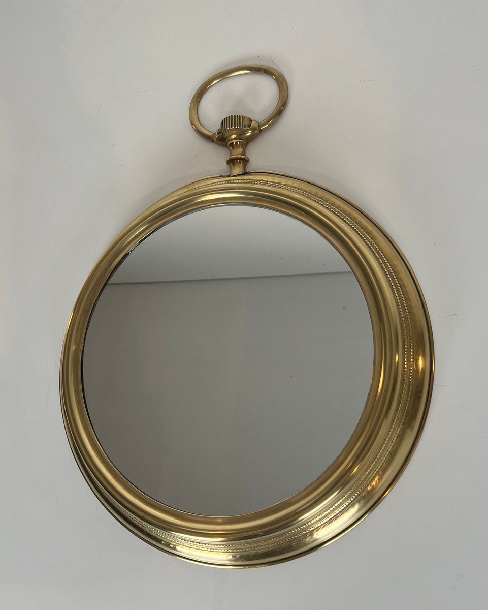Grand Miroir en Laiton Représentant une Montre Gousset, Travail Français, Vers 1970-photo-8