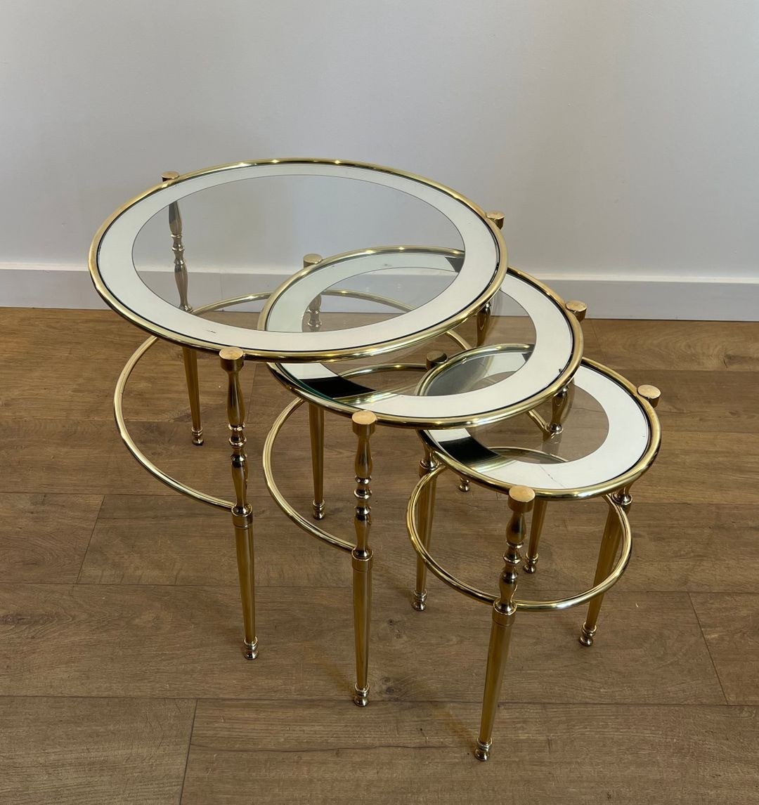Set Of Three Round Brass Nesting Tables With Silver-rimmed Glass Tops, French Work, France, Cir-photo-2